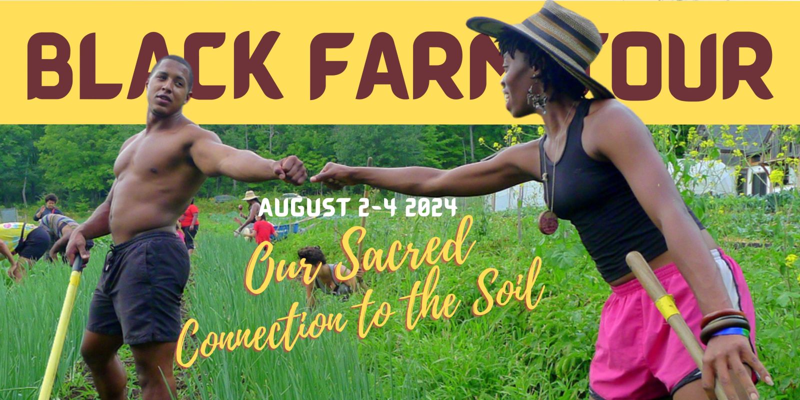 Black Farm Tour banner - man woman fist bumping in garden